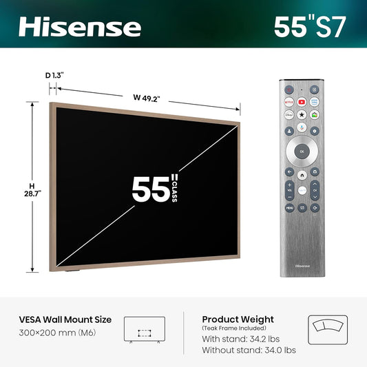 Hisense 55“ Hi-QLED S7 CanvasTV Series 4K UHD Google Smart Art TV (55S7SG, 2026 New) - 144Hz, Art Mode, Anti-Glare Panel, Dolby Vision HDR, Hi-Matte Display, Frame & UltraSlim Wall Mount Included
