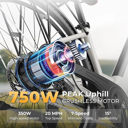 Electric Bike 350W Motor, 36V 13Ah Removable Battery, 32KM/H Max Speed, 40–80KM Range, 26 Inches Tires, Shimano 7-Speed, Dual Disc Brakes, Front Suspension, 3 Riding Modes