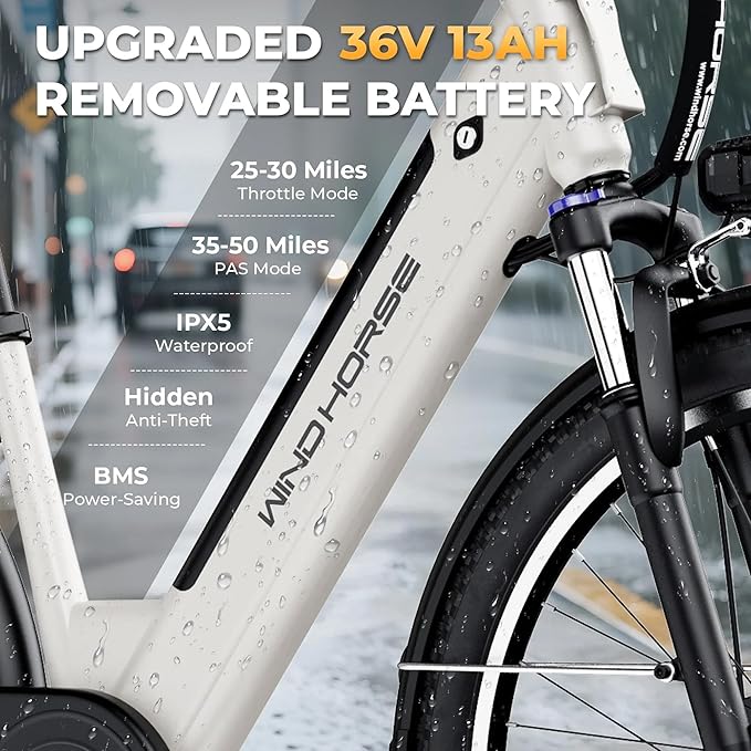 Electric Bike 350W Motor, 36V 13Ah Removable Battery, 32KM/H Max Speed, 40–80KM Range, 26 Inches Tires, Shimano 7-Speed, Dual Disc Brakes, Front Suspension, 3 Riding Modes