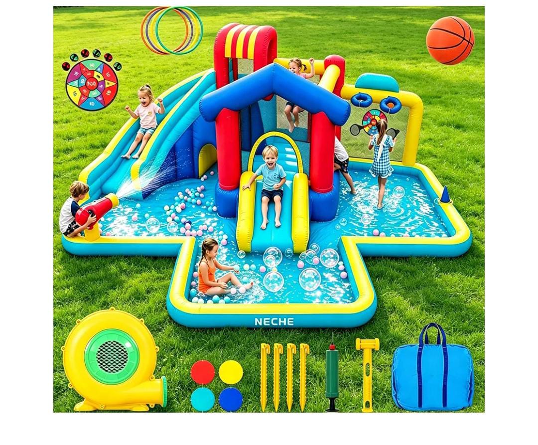 14-in-1 Bounce House Water Slide for Kids 3-12 with Ball Pit/Splash Pool, 13x8.9x6.7 FT Bouncy Castle w/Center Obstacle/Tunnel/Climbing Wall/Dartboard/Ring Toss/Ball Holes/Hoop for Indoor Outdoor