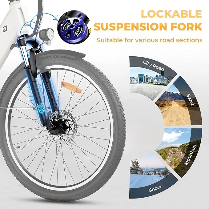 Electric Bike 350W Motor, 36V 13Ah Removable Battery, 32KM/H Max Speed, 40–80KM Range, 26 Inches Tires, Shimano 7-Speed, Dual Disc Brakes, Front Suspension, 3 Riding Modes
