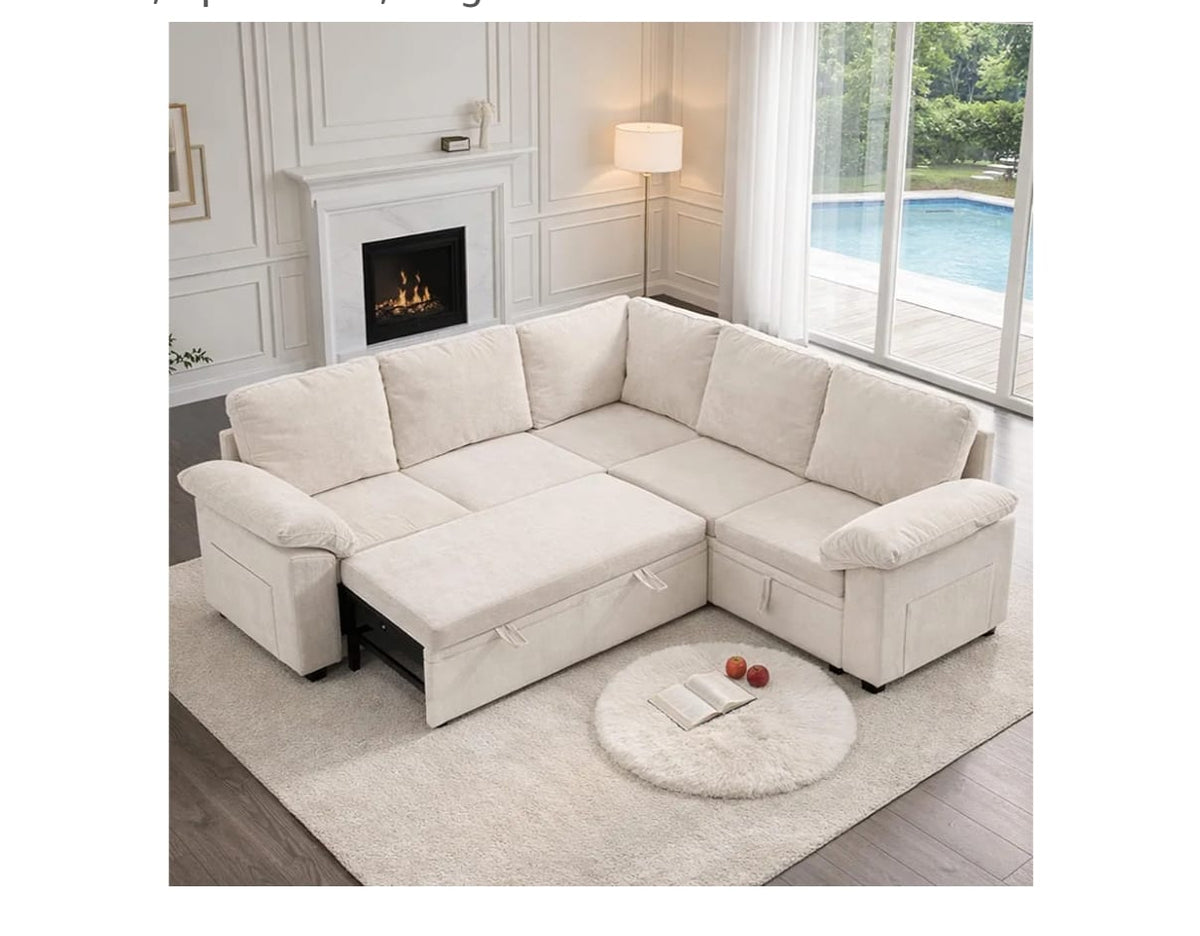 86 Inch Sectional Sleeper L Shaped Sofa with Pull Out Bed, Modular Sectional Sofa with Storage, Modern Chenille 5 Seater Bed Couch, Small Sectional Couches for Living Room, Apartment, Beige