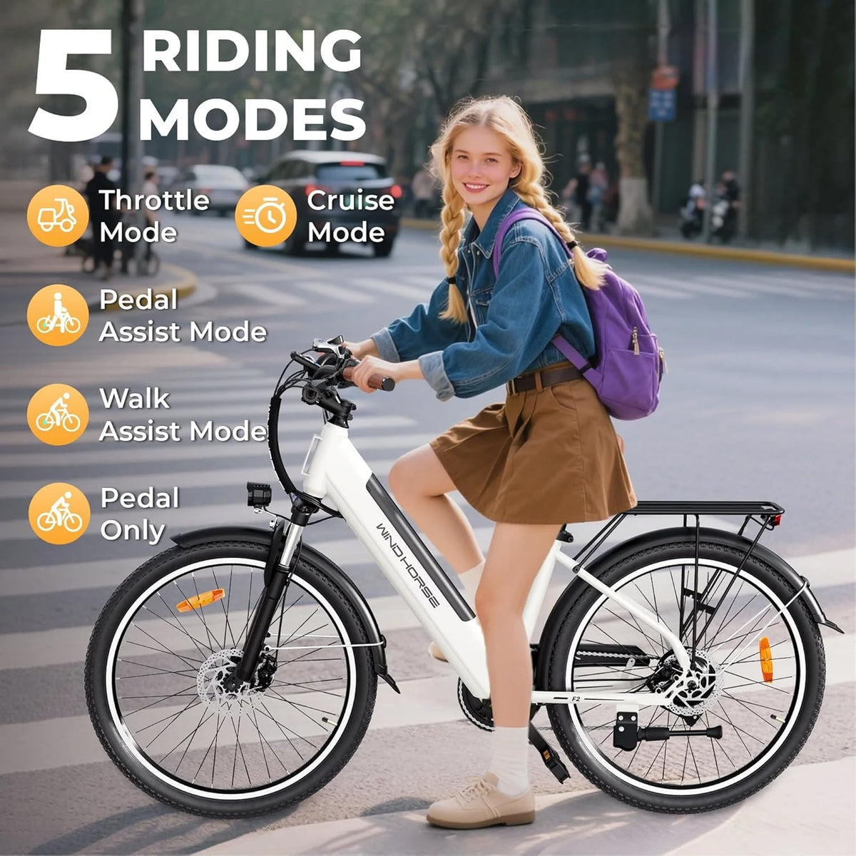 Electric Bike 350W Motor, 36V 13Ah Removable Battery, 32KM/H Max Speed, 40–80KM Range, 26 Inches Tires, Shimano 7-Speed, Dual Disc Brakes, Front Suspension, 3 Riding Modes