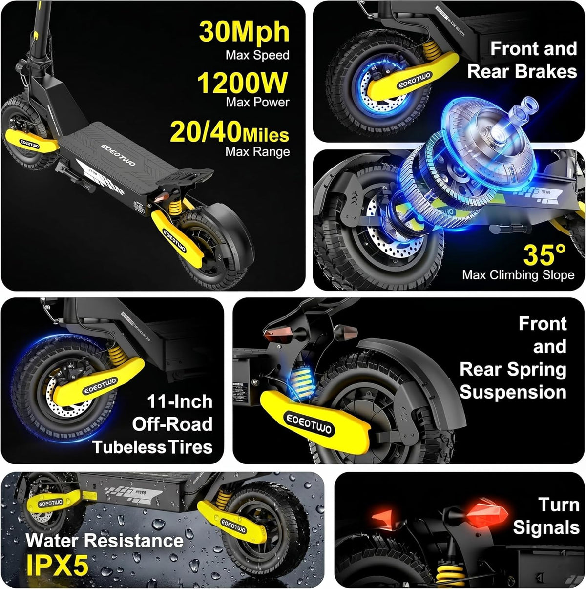 Electric Scooter for Adults,31/38 MPH 1200W/2400W Peak Motor | 11" Off-Road Tires Fast E Scooter, Up to 20/45 Miles Range, Dual Suspension, 330 lbs Max Load, Foldable