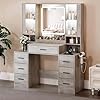 Desk with Mirror & Lights, Makeup Vanity with Power Strip, 7 Drawers & 2 Cabinets, Hair Dryer Holder, RGB Cabinet Lighting, 3-Color Dimmable Mirror