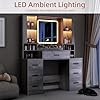 Desk with Mirror & Lights, Makeup Vanity with Power Strip, 7 Drawers & 2 Cabinets, Hair Dryer Holder, RGB Cabinet Lighting, 3-Color Dimmable Mirror