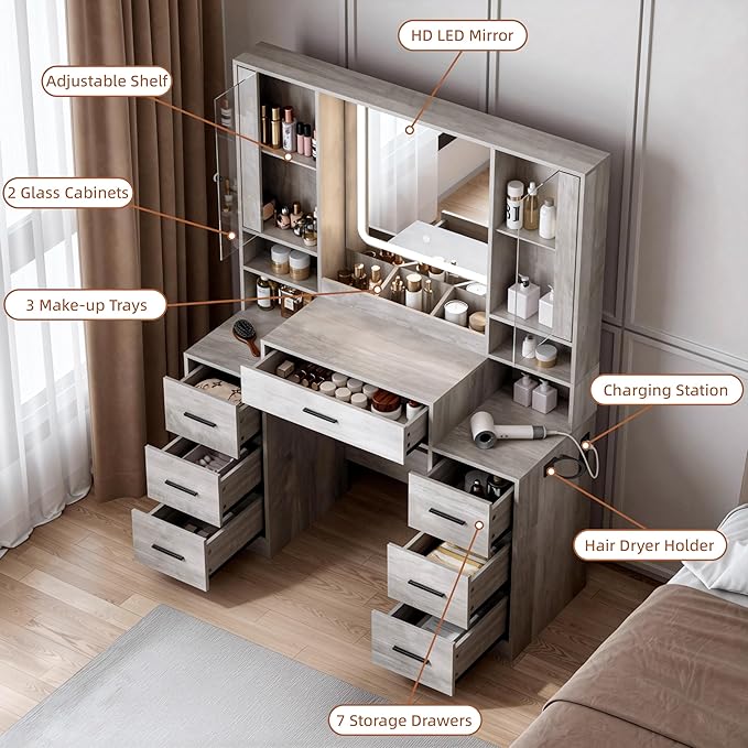 Desk with Mirror & Lights, Makeup Vanity with Power Strip, 7 Drawers & 2 Cabinets, Hair Dryer Holder, RGB Cabinet Lighting, 3-Color Dimmable Mirror