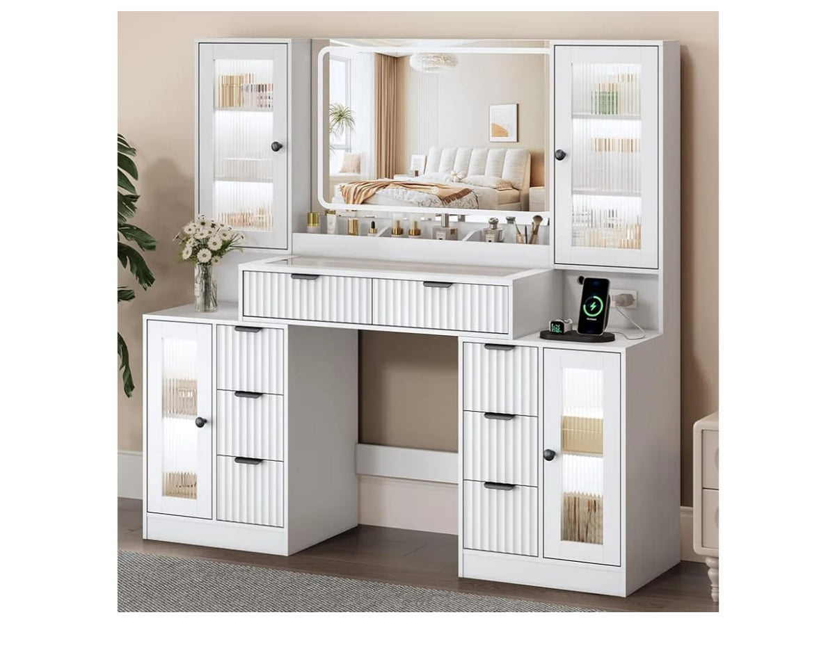 Desk with Mirror & Lights, Makeup Vanity with Power Strip, 7 Drawers & 2 Cabinets, Hair Dryer Holder, RGB Cabinet Lighting, 3-Color Dimmable Mirror