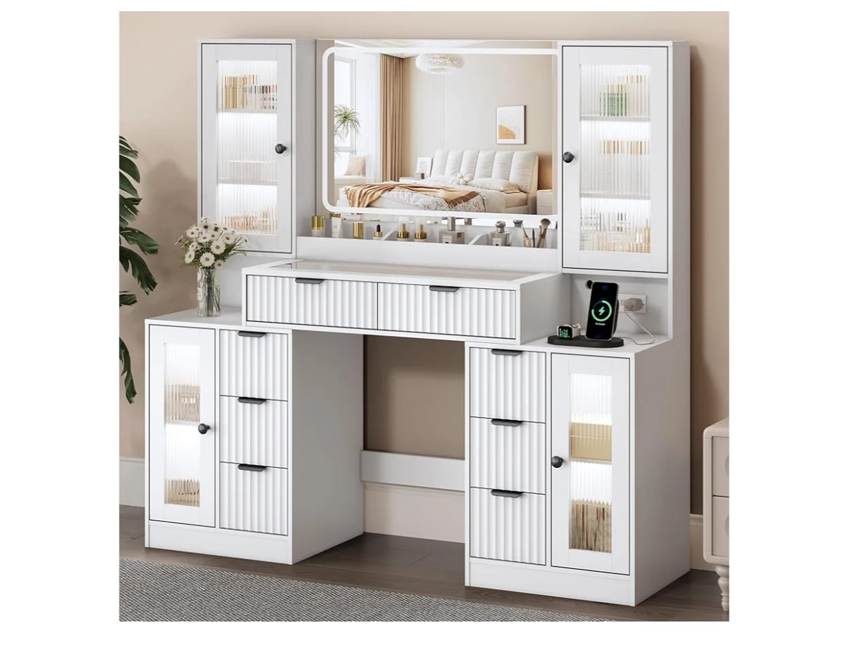 Desk with Mirror & Lights, Makeup Vanity with Power Strip, 7 Drawers & 2 Cabinets, Hair Dryer Holder, RGB Cabinet Lighting, 3-Color Dimmable Mirror