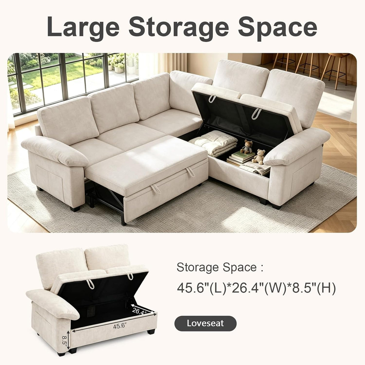 86 Inch Sectional Sleeper L Shaped Sofa with Pull Out Bed, Modular Sectional Sofa with Storage, Modern Chenille 5 Seater Bed Couch, Small Sectional Couches for Living Room, Apartment, Beige