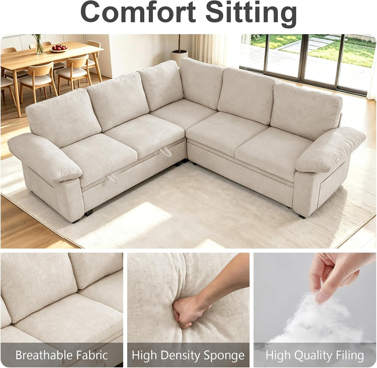 86 Inch Sectional Sleeper L Shaped Sofa with Pull Out Bed, Modular Sectional Sofa with Storage, Modern Chenille 5 Seater Bed Couch, Small Sectional Couches for Living Room, Apartment, Beige
