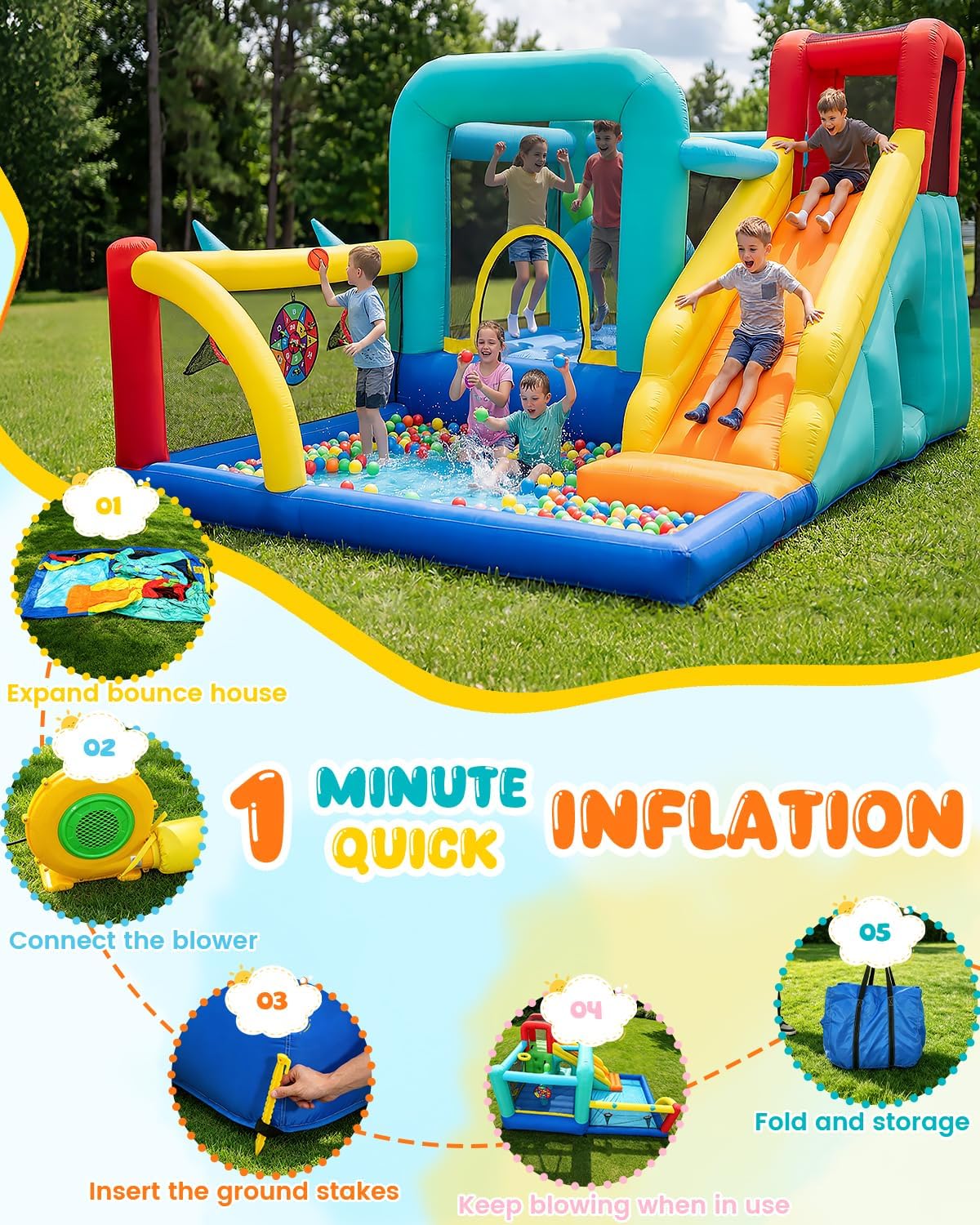 14-in-1 Bounce House Water Slide for Kids 3-12 with Ball Pit/Splash Pool, 13x8.9x6.7 FT Bouncy Castle w/Center Obstacle/Tunnel/Climbing Wall/Dartboard/Ring Toss/Ball Holes/Hoop for Indoor Outdoor