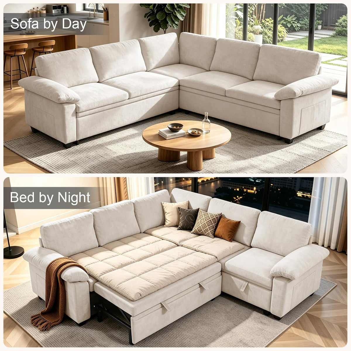 86 Inch Sectional Sleeper L Shaped Sofa with Pull Out Bed, Modular Sectional Sofa with Storage, Modern Chenille 5 Seater Bed Couch, Small Sectional Couches for Living Room, Apartment, Beige