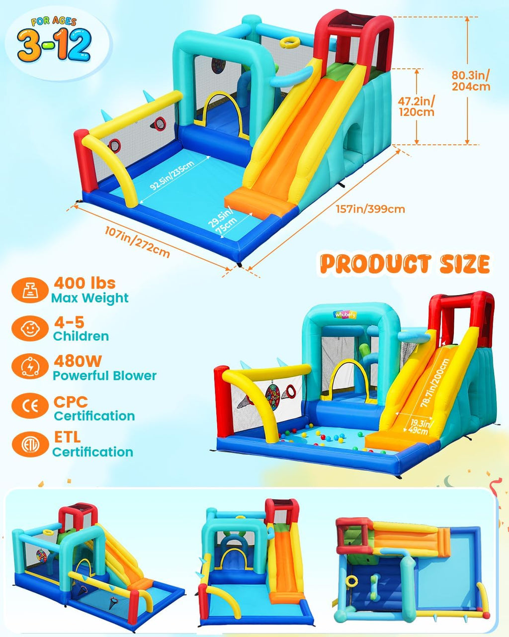 14-in-1 Bounce House Water Slide for Kids 3-12 with Ball Pit/Splash Pool, 13x8.9x6.7 FT Bouncy Castle w/Center Obstacle/Tunnel/Climbing Wall/Dartboard/Ring Toss/Ball Holes/Hoop for Indoor Outdoor