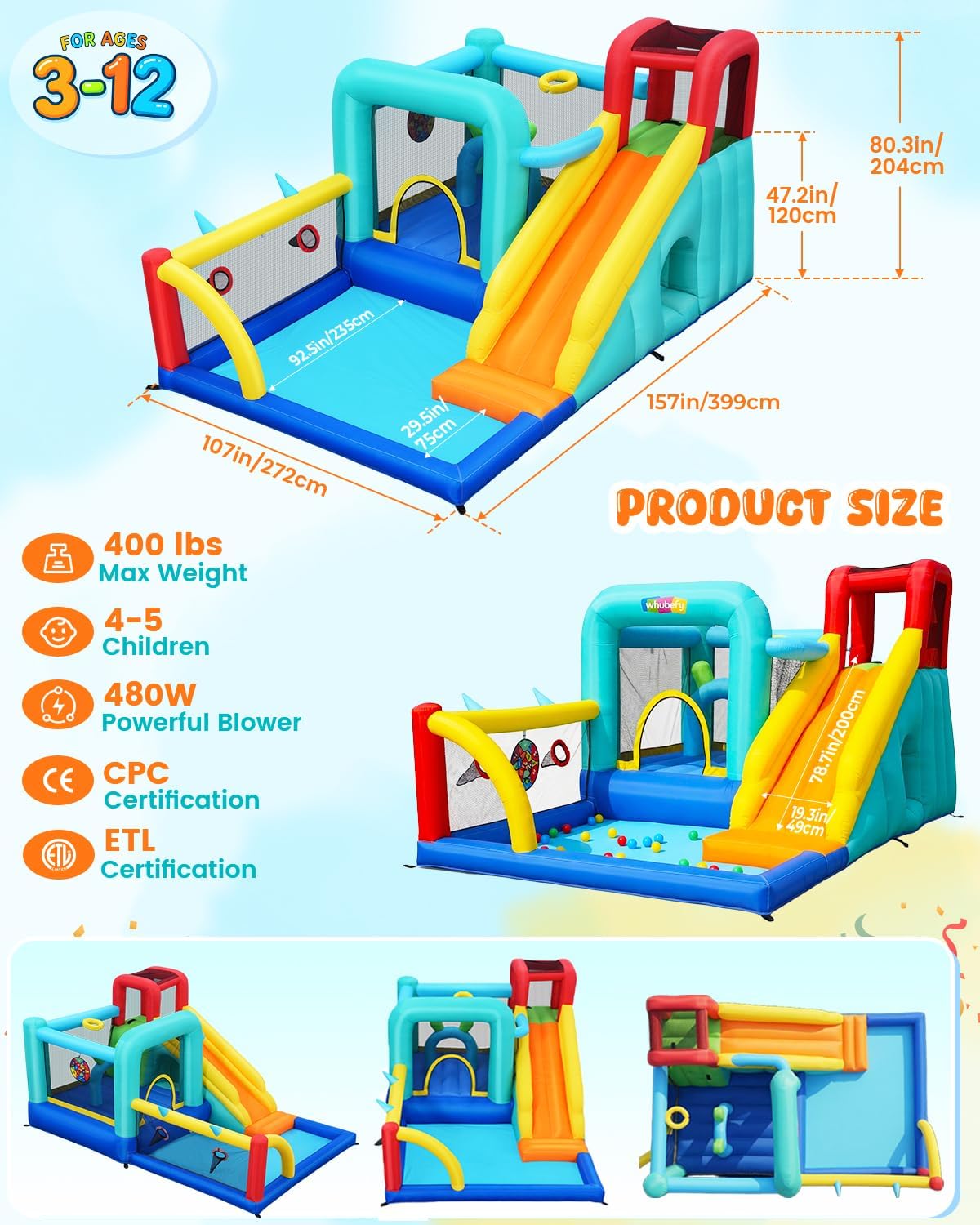 14-in-1 Bounce House Water Slide for Kids 3-12 with Ball Pit/Splash Pool, 13x8.9x6.7 FT Bouncy Castle w/Center Obstacle/Tunnel/Climbing Wall/Dartboard/Ring Toss/Ball Holes/Hoop for Indoor Outdoor