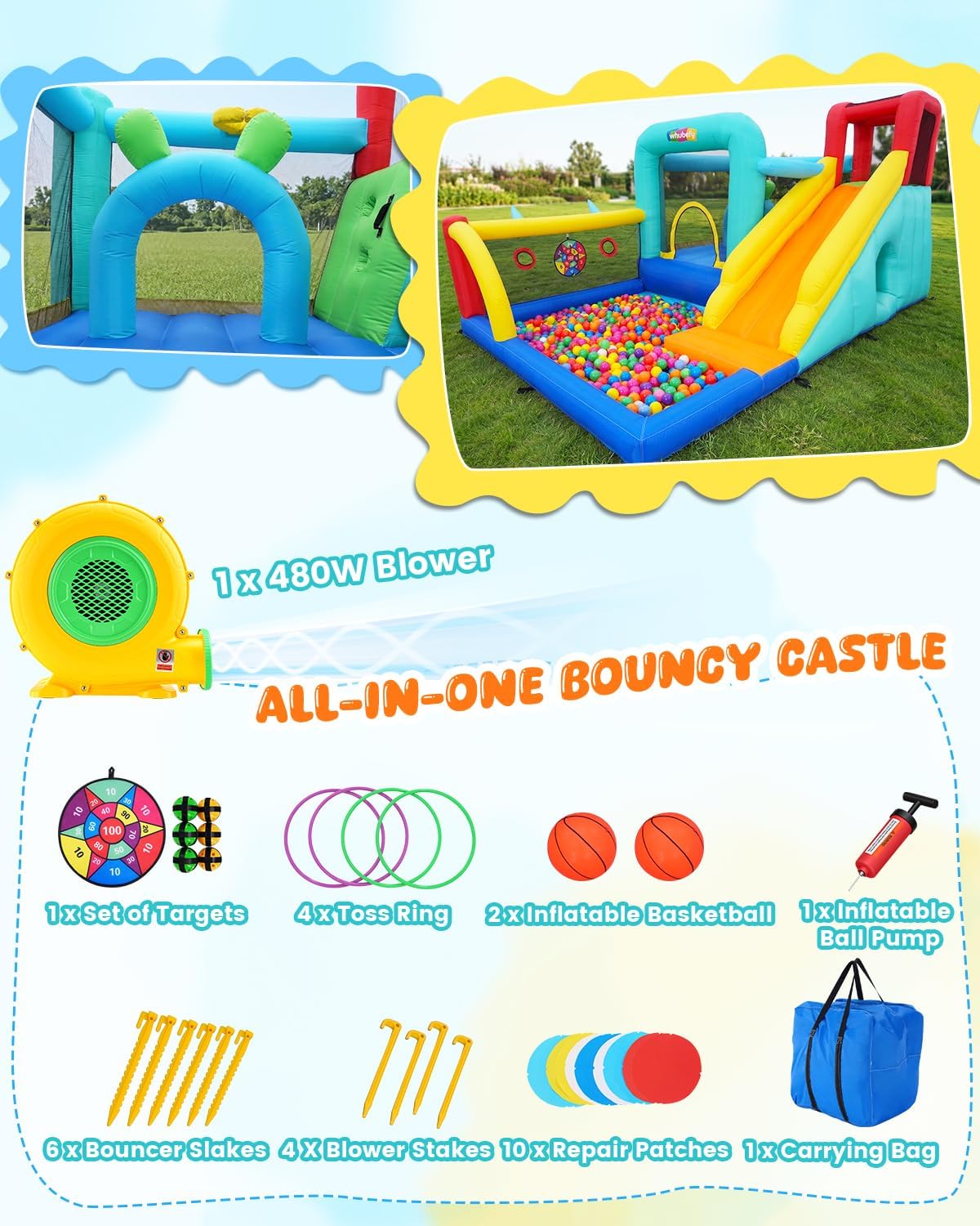 14-in-1 Bounce House Water Slide for Kids 3-12 with Ball Pit/Splash Pool, 13x8.9x6.7 FT Bouncy Castle w/Center Obstacle/Tunnel/Climbing Wall/Dartboard/Ring Toss/Ball Holes/Hoop for Indoor Outdoor