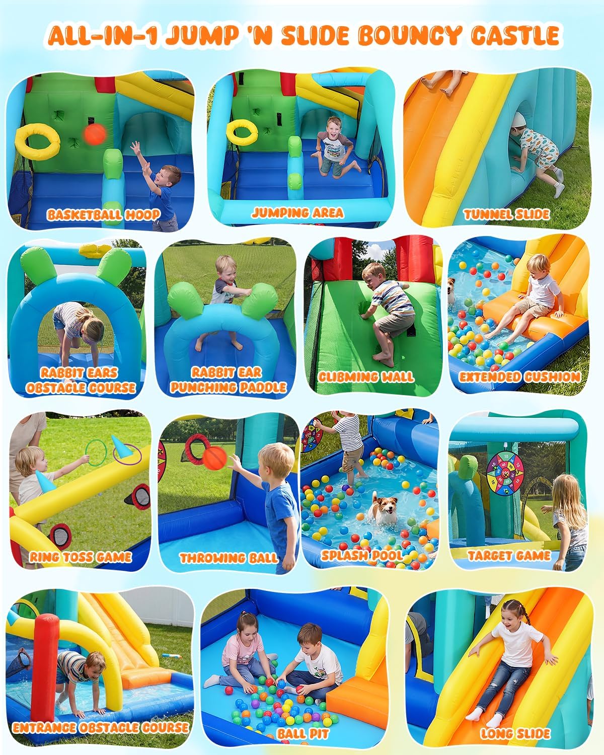 14-in-1 Bounce House Water Slide for Kids 3-12 with Ball Pit/Splash Pool, 13x8.9x6.7 FT Bouncy Castle w/Center Obstacle/Tunnel/Climbing Wall/Dartboard/Ring Toss/Ball Holes/Hoop for Indoor Outdoor
