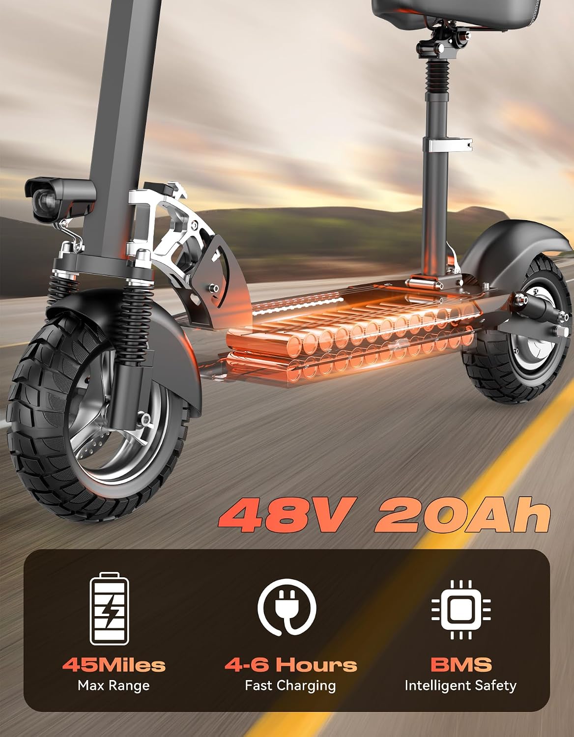 Electric Scooter for Adults with Seat, 1600W Peak Motor, 45-Mile Range, 30 Mph Fast Speed, 48V 20AH Battery, Heavy Duty 300+ lbs, Dual Disc Brake, 10" Off-Road Foldable e Scooter for Teens