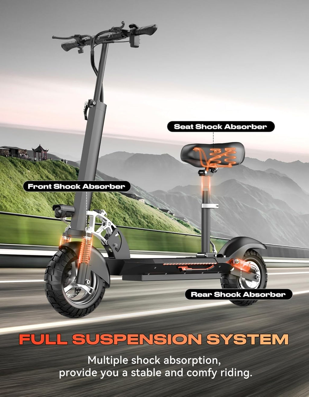 Electric Scooter for Adults with Seat, 1600W Peak Motor, 45-Mile Range, 30 Mph Fast Speed, 48V 20AH Battery, Heavy Duty 300+ lbs, Dual Disc Brake, 10" Off-Road Foldable e Scooter for Teens