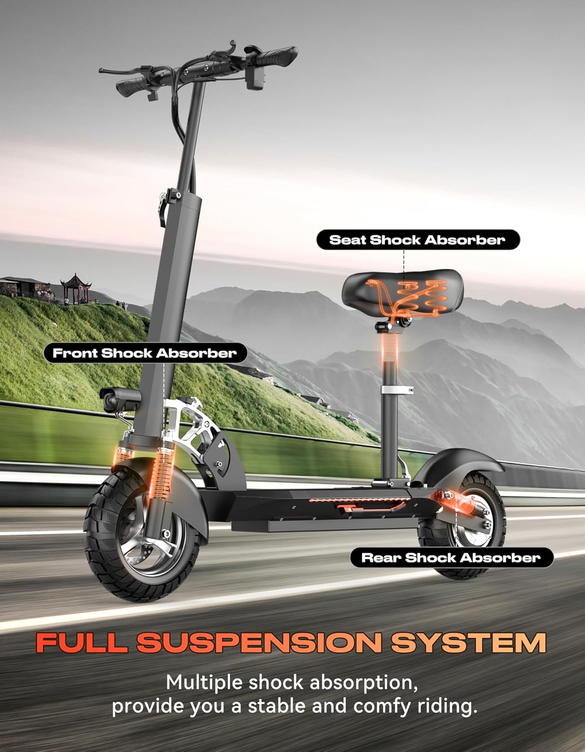 Electric Scooter for Adults with Seat, 1600W Peak Motor, 45-Mile Range, 30 Mph Fast Speed, 48V 20AH Battery, Heavy Duty 300+ lbs, Dual Disc Brake, 10" Off-Road Foldable e Scooter for Teens